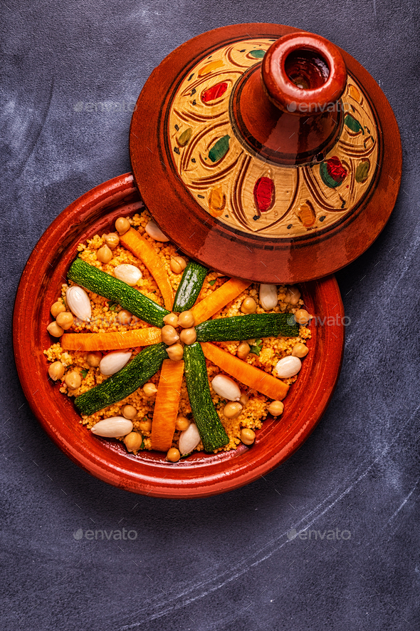 Vegetable tagine with almond and chickpea couscous Stock Photo by